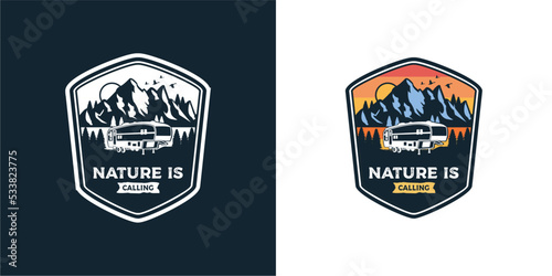 Retro Vintage logo badge adventure and outdoor mountains for sticker, t-shirt, hat, poster design 