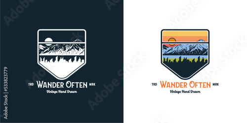 Retro Vintage logo badge adventure and outdoor mountains for sticker, t-shirt, hat, poster design
