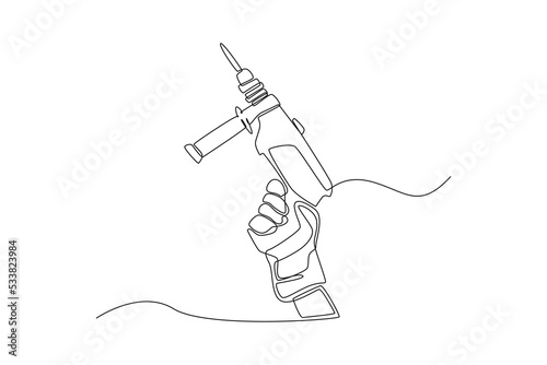 Continuous one line drawing construction worker holding portable drill machine. Construction and building concept. Single line draw design vector graphic illustration.