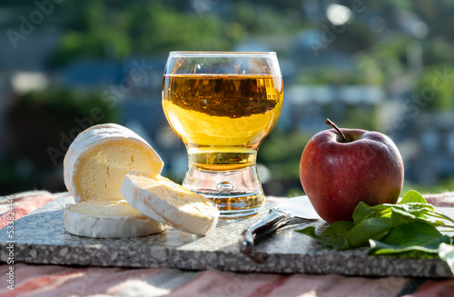 Products of Normandy, cow neufchatel lait cru cheese and glass of apple cider drink with houses of Etretat village on background, Normandy, France photo