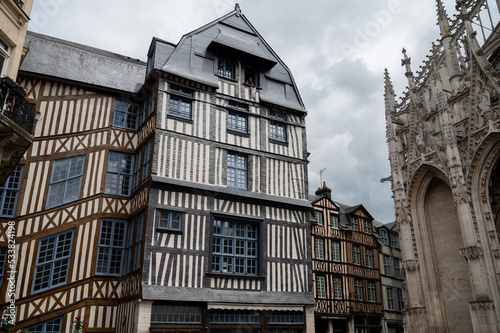 Walking in old centrum part of Rouen city, streetview, tourists destination city in Normandy, France