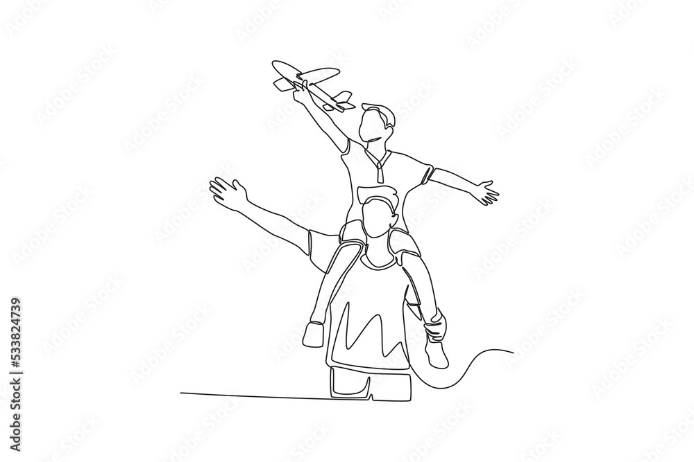 Fototapeta premium Single one line drawing happy boy holding paper plane and sitting on his active father shoulders. Family time concept. Continuous line draw design graphic vector illustration.