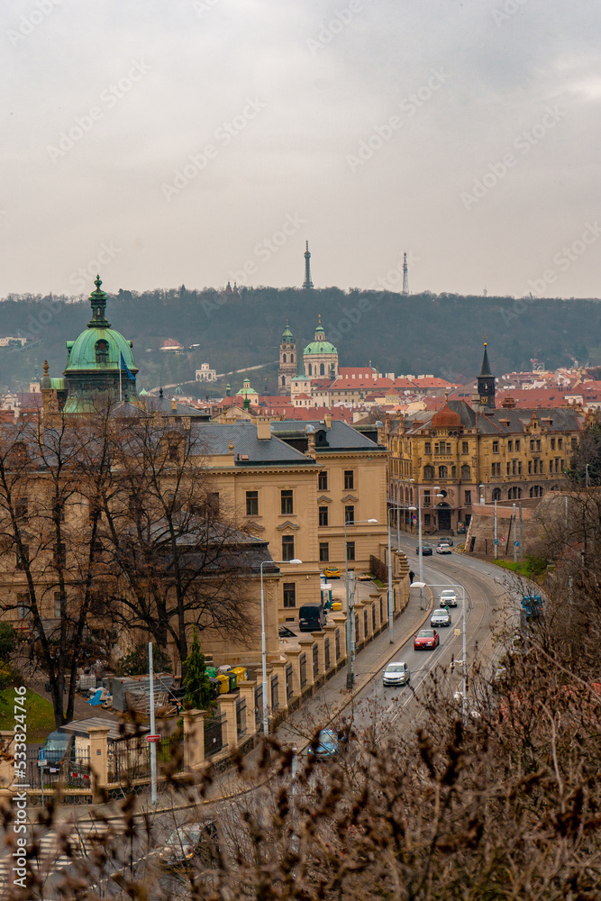 Beautiful view , cityscape and bridges at Letna park at Letna hill in Prague old town , along the Vltava River during winter . Prague , Czech  : December 12 , 2019