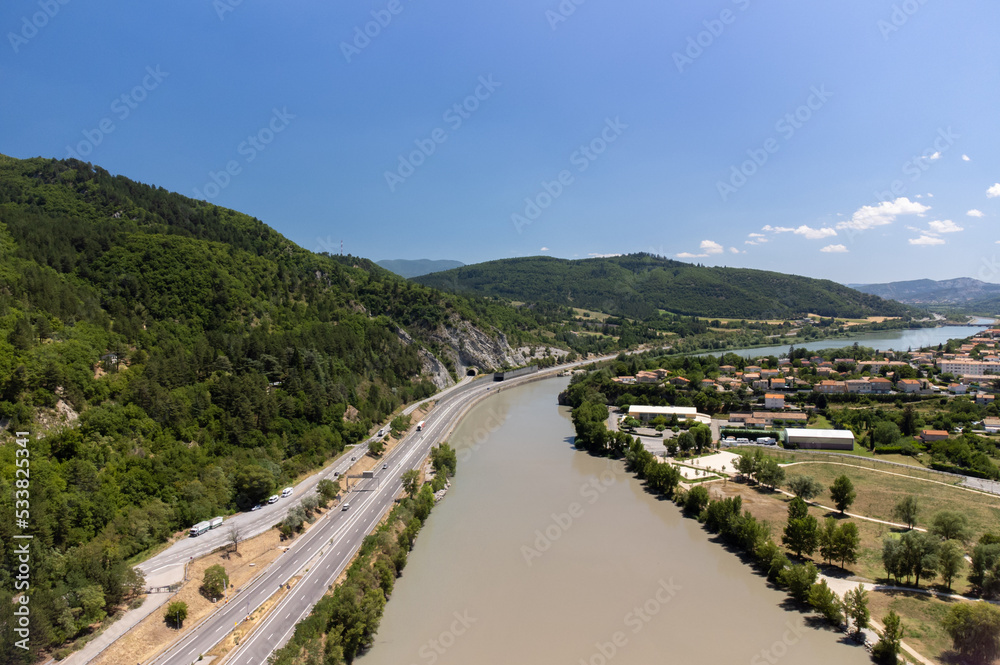 Naklejka premium View on historical city Sisteron with river Durance, gates to Provence, France