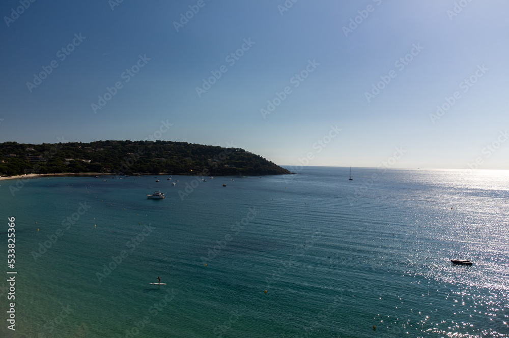 Aerial view of legendary Pampelonne beach near Saint-Tropez, summer vacation on white sandy beaches of French Riviera, France