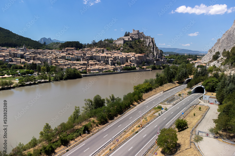 View on historical city Sisteron with river Durance, gates to Provence, France