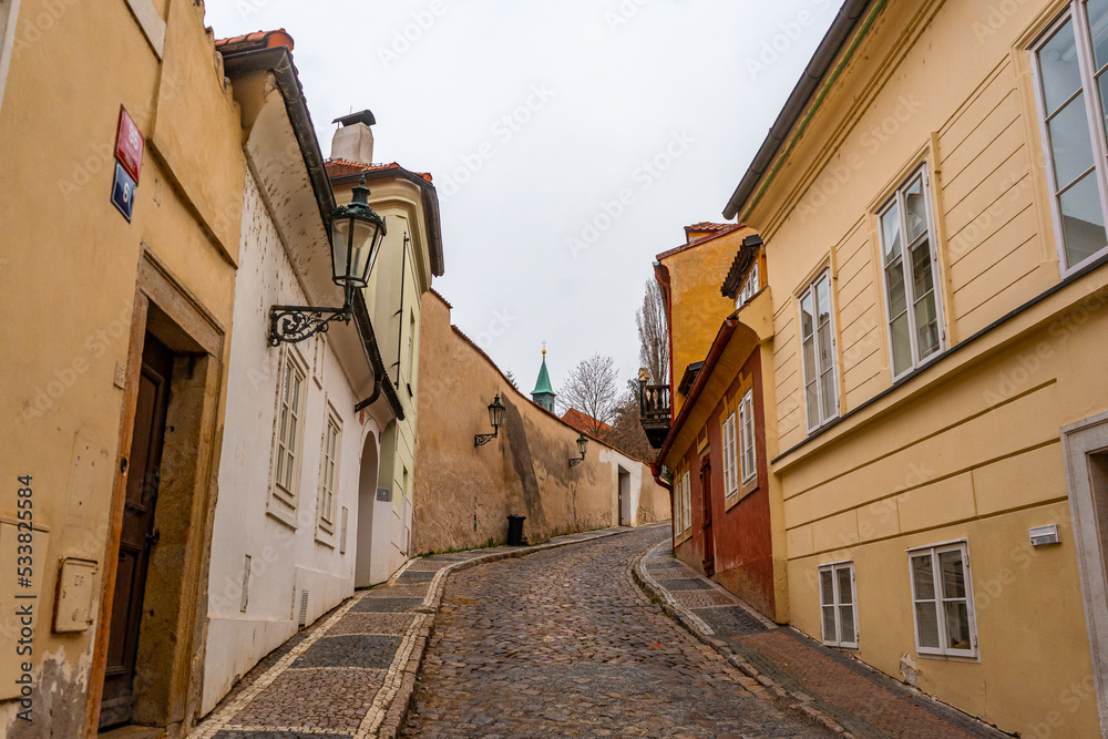 Fototapeta premium Novy Svet near Loreto Sanctuary , classic and romantic areas near Prague castle during winter . Prague , Czech : December 12, 2019