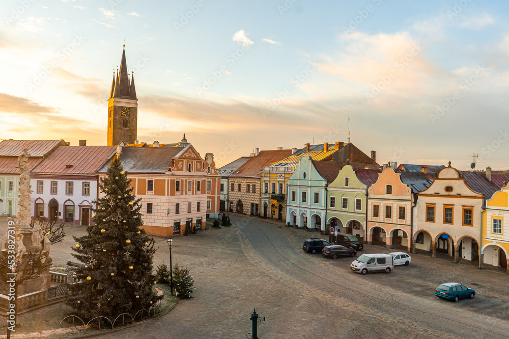 Telc , beautiful Unesco old town with Colorful houses around Hradec square , Renaissance architecture during winter morning : Telc , Czech  : December 14, 2019
