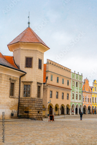 Telc , beautiful Unesco old town with Colorful houses around Hradec square , Renaissance architecture during winter morning : Telc , Czech : December 14, 2019