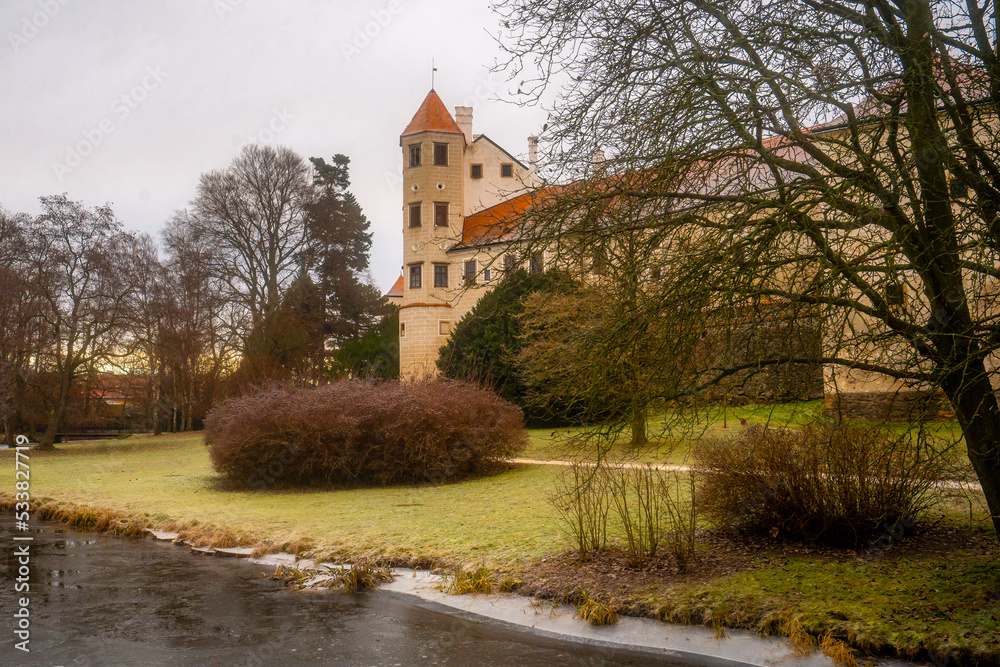 Telc Chateau , Gothic castle in Telc near Hradec square in Telc old town during winter morning , Czech : December 14, 2019 Telc Chateau , Gothic castle in Telc near Hradec square in Telc old town during winter morning , Czech : December 14, 2019