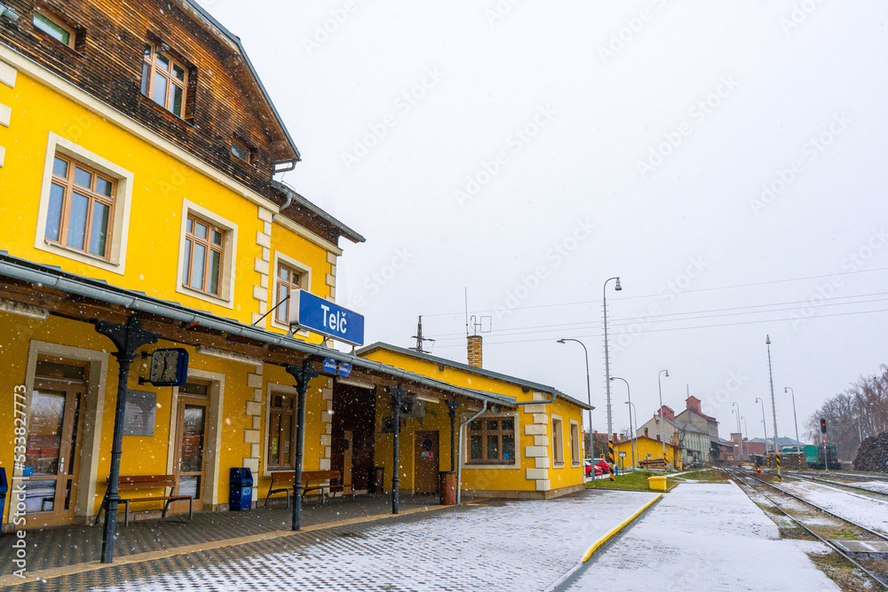 Telc Train stations near Telc old town during winter . Telc , Czech  : December 14, 2019