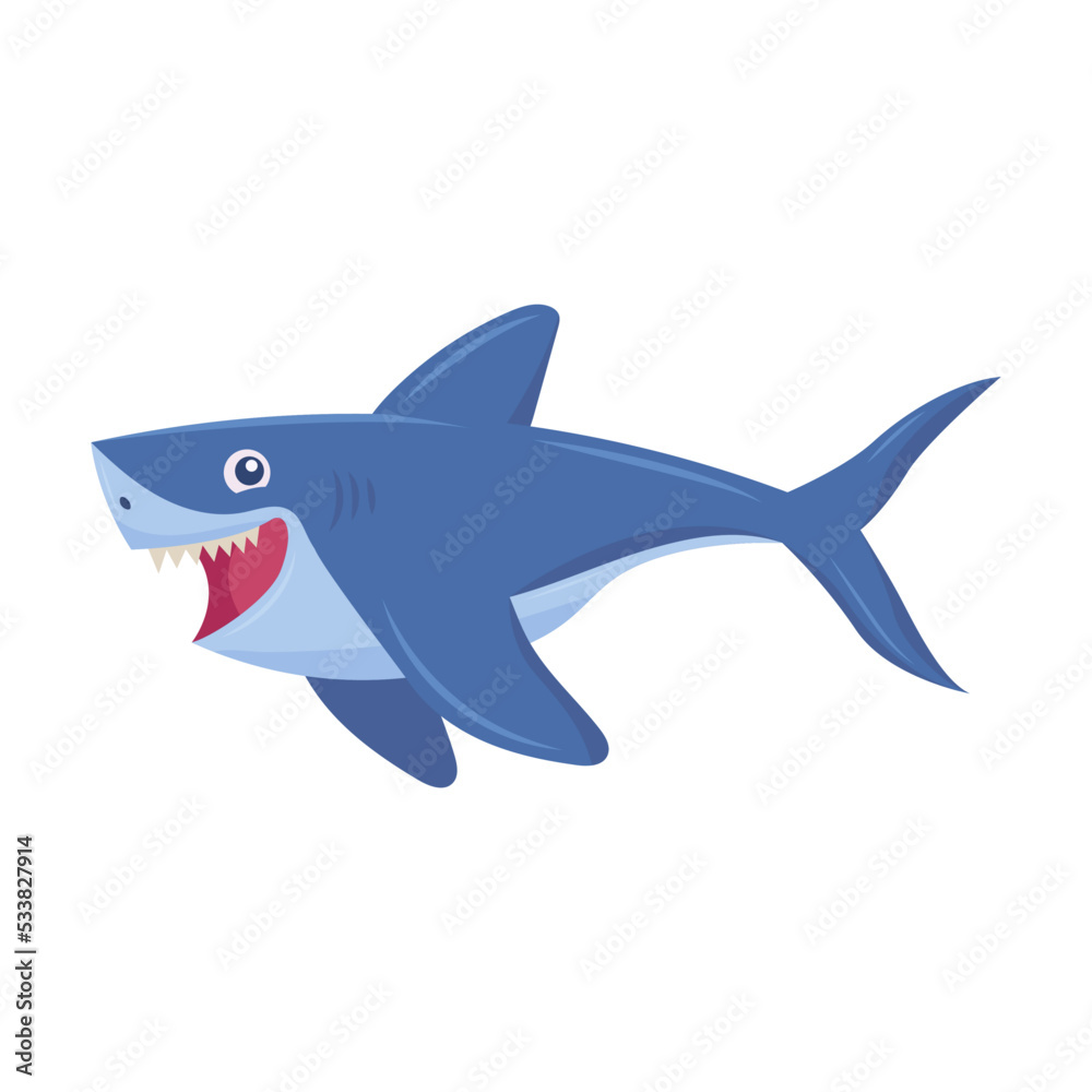 Fototapeta premium Cute smiling shark flat picture. Comic predator fish isolated on white background vector illustration. Underwater wildlife and ocean animals concept