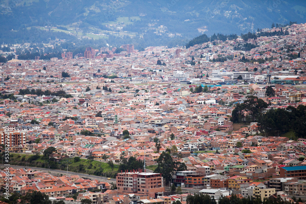 High angle Cityscape of cuenca, ecuador, small city, town, aerial