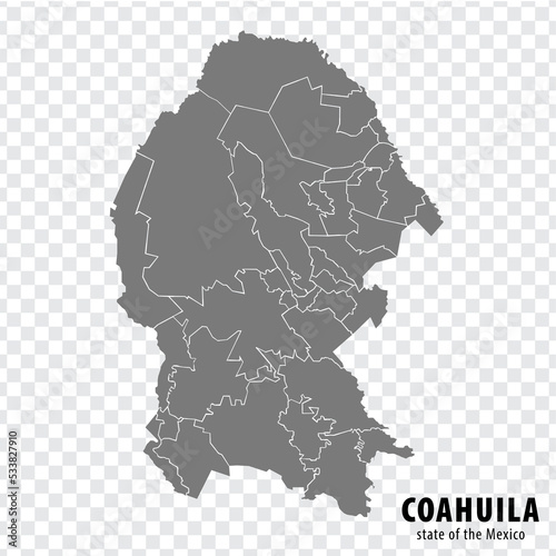 State Coahuila of Mexico map on transparent background. Blank map of  Coahuila with  regions in gray for your web site design, logo, app, UI. Mexico. EPS10. photo