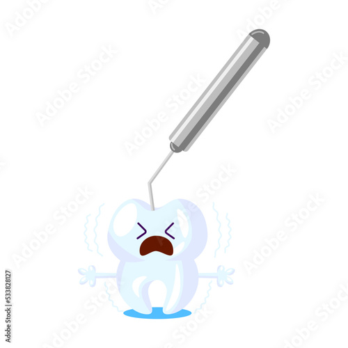 Cartoon tooth care. Funny tooth with toothbrush, paste, floss, sad molar with cavity or dental tool. Vector illustration for dental care, dentist visiting
