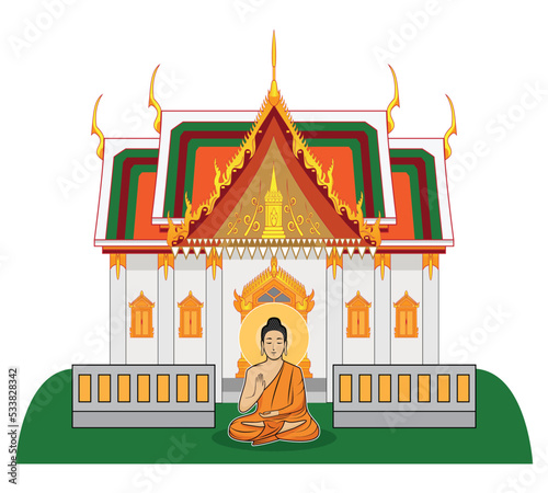 Symbols of Buddhism with Gautama Buddha the founder of Buddhism sitting in front of Thai style temple drawing in cartoon vector