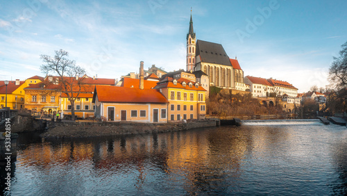 Church of St. Vitus in Cesky Krumlov , Gothic church in romantic town along Vltava River during winter . Cesky Krumlov , Czech : December 15, 2019