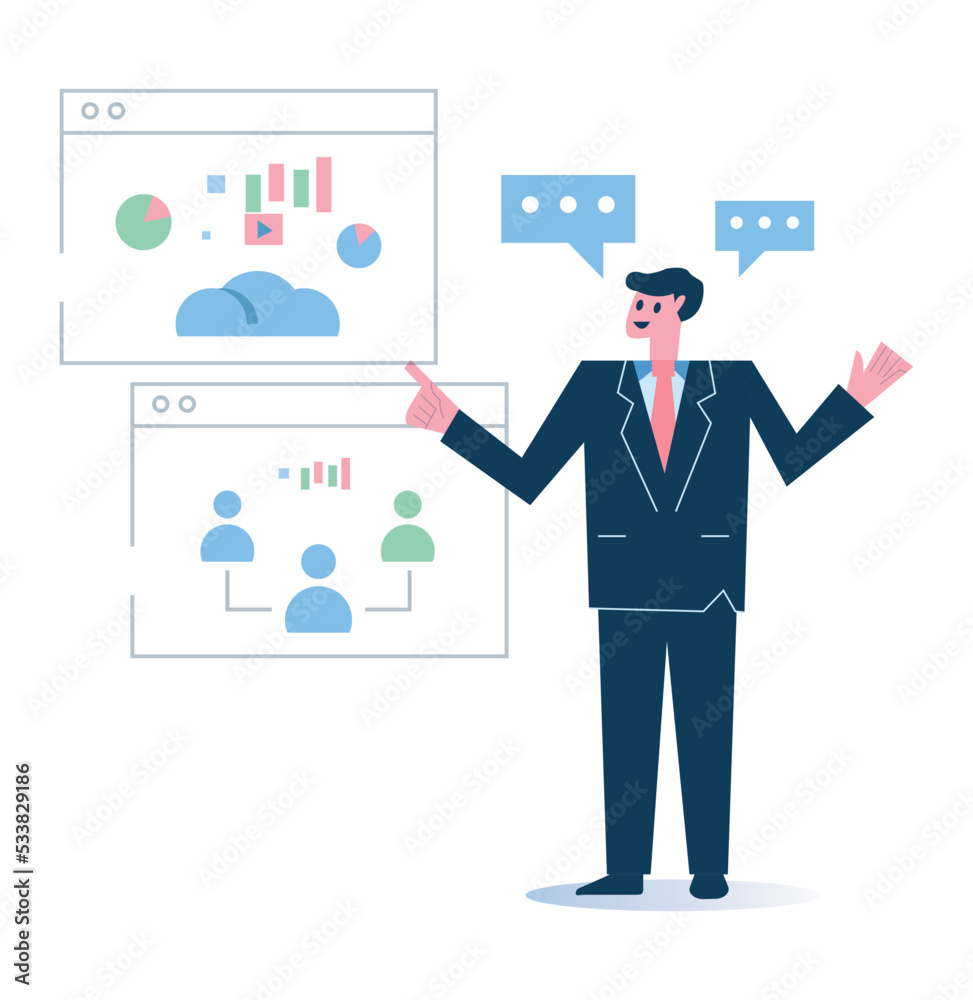 Businessman speaker and presenting business data analysis on screen. Isolated flat graphic design. vector illustration