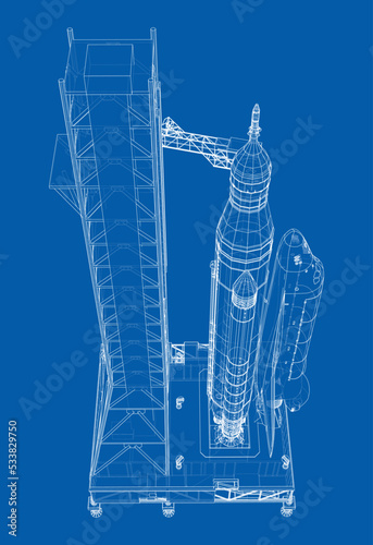 Space Rocket on launch pad. Vector rendering of 3d