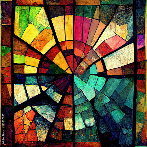 Abstract mosaic window illustration of a stained glass artwork colorful with different textures and green, teal, blue, orange, red, pink colors wallpaper and background geometric square