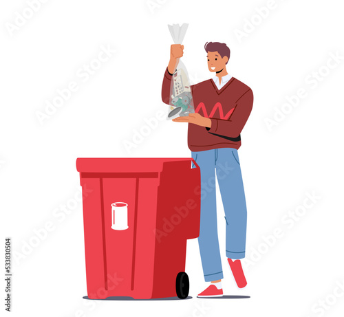 Young Man Throw Bag with Metal Litter into Recycle Trash Bin on Street. Stop Pollution Concept, Ecology Protection