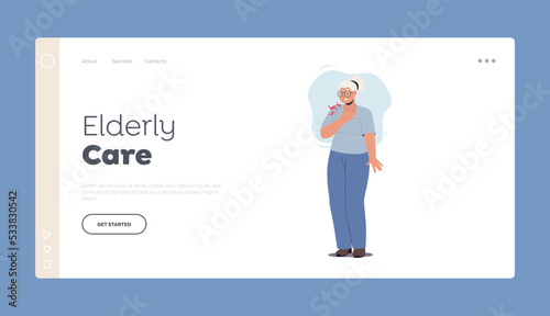 Elderly Care Landing Page Template. Senior Character with Cardiology Disease Holding Breast. Old Woman Suffer of Pain