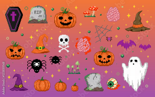 Pixel art halloween set. Horror retro game style stickers for halloween holidays stickers, game assets, decorative pixel art Halloween design. Pixel skull, tomb, ghost, bat, spider, pumpkin, brains.
