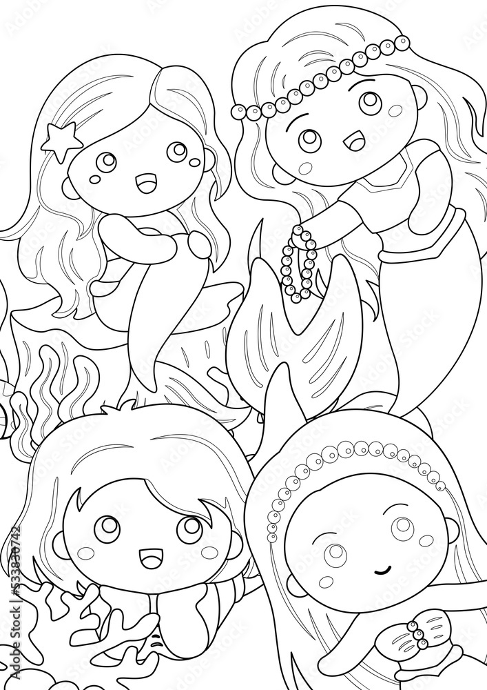 Cute Mermaid Coloring Pages A4 for Kids and Adult