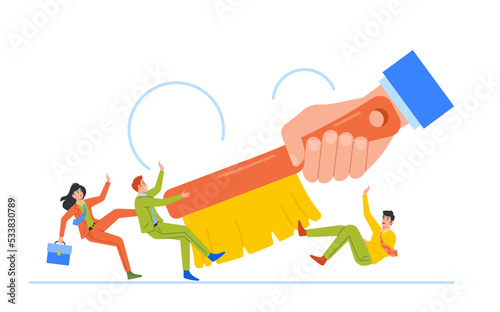 Personnel Downsnizing Business Concept. Huge Boss Hand Brushing People. Team Reduction, Employee Characters Dismissal