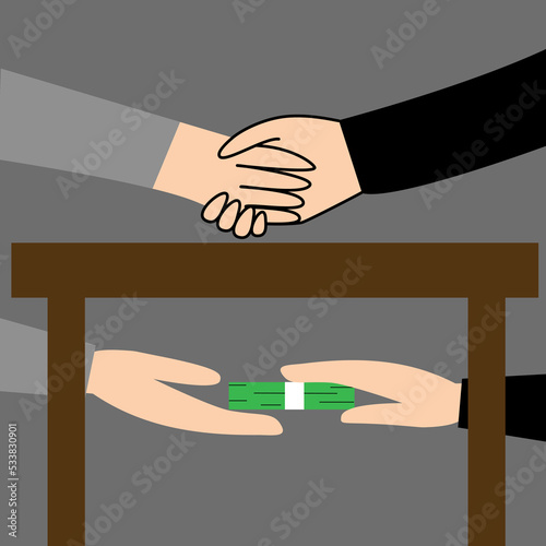 Illustration of two people giving bribe money under the table. Vector of bribery and corruption