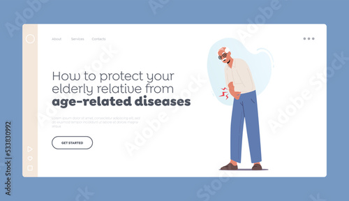 Age Related Disease Protection Landing Page Template. Senior Man with Health Problem, Arthritis, Joints Disease Symptoms