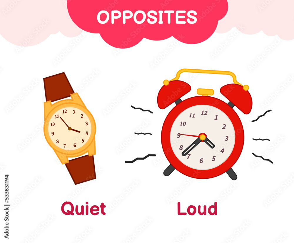 Vector learning material for kids opposites quiet loud. Cartoon