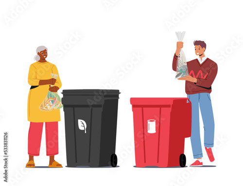 City Dwellers Sorting Trash. People Throw Garbage into Containers for Organic and Metal Waste, Litter Bins for Recycling