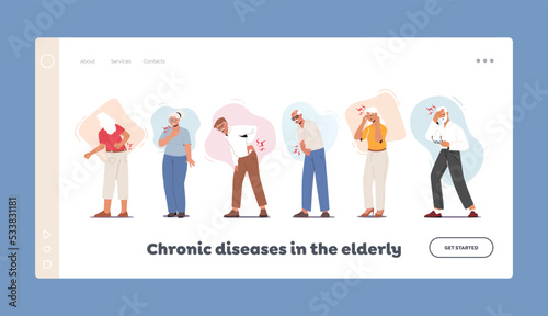 Elderly People Chronic Disease Landing Page Template. Elderly People Suffer of Ache in Back, Head, Arms and Heart