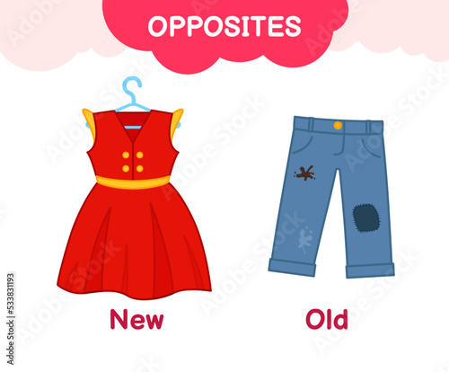Vector learning material for kids opposites old new. Cartoon illustrations of a beautiful new red dress and old dirty jeans.

