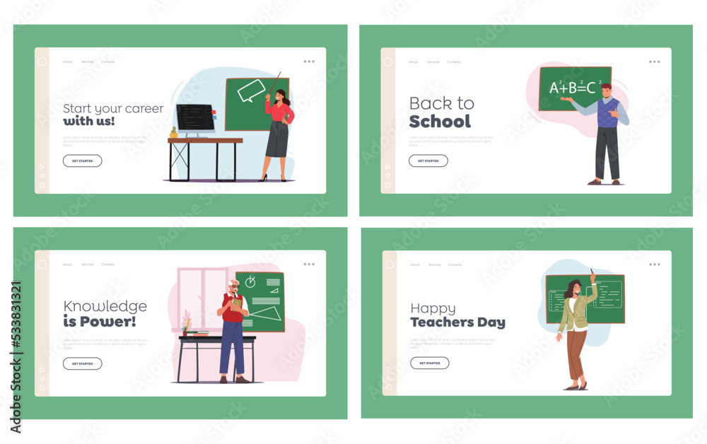 Teachers Stand at Blackboard Landing Page Template Set. Tutors Teach Different Subjects. Tutor Characters Explain Lesson Teachers Stand at Blackboard Landing Page Template Set. Tutors Teach Different Subjects. Tutor Characters Explain Lesson