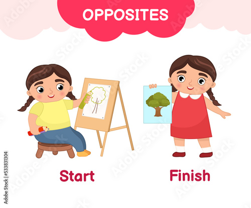 Vector learning material for kids opposites start finish. Cartoon illustrations of cute girl draws at the easel and the girl shows the finished drawing.
