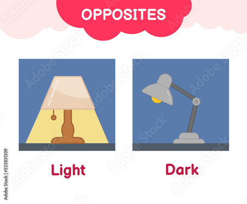 Vector learning material for kids opposites dark light. Cartoon illustrations of lamp on and lamp off.
