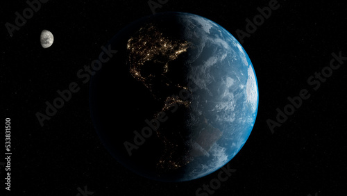 planet earth and moon in space starry background cosmic solar stars sun flare