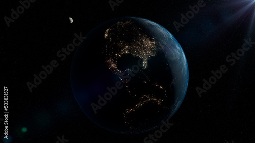 planet earth and moon in space starry background cosmic solar stars sun flare