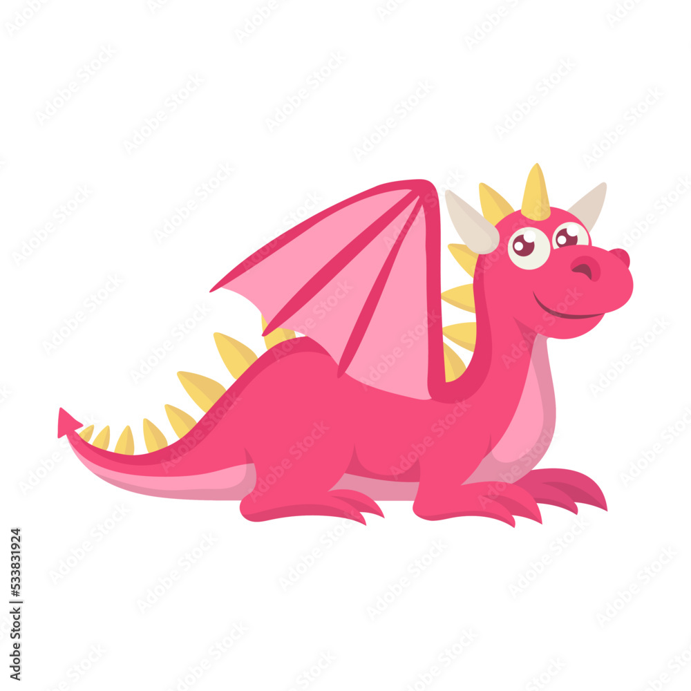 Fairy tale dragon vector illustration. Cute flying dragons, dinosaurs, fire breathing monsters with wings isolated on white background. Fairytale for kids, magical concept
