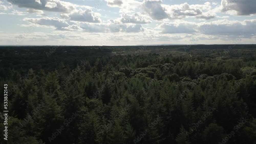 Aerial shot pulling backwards over forest with sun and clouds Aerial shot pulling backwards over forest with sun and clouds