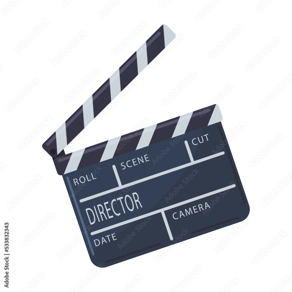 Cinema element. Clapperboard, montage tape, video camera. Vector illustration for cinema theater, film industry, show, movie making concept