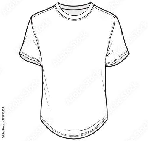 mens short sleeve crew neck curved hem t shirt flat sketch vector illustration.