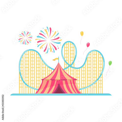 Colorful park flat element. Cartoon carnival, circus and funfair carousels isolated on white background vector illustration. Fantasy playground entertainment