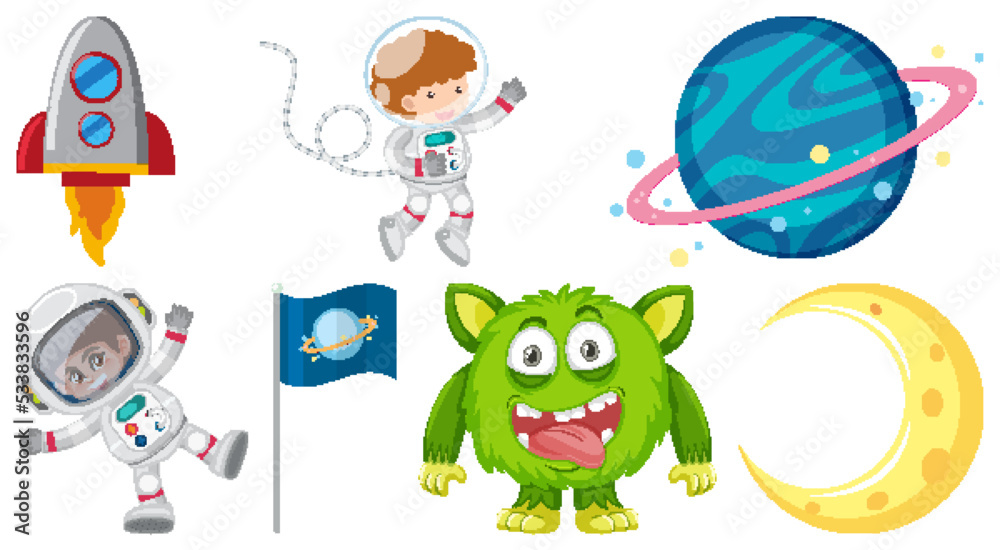 Set of space cartoon characters and objects Set of space cartoon characters and objects