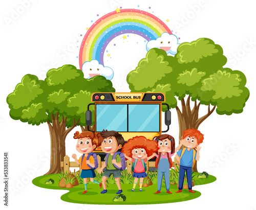Children with school bus in cartoon style