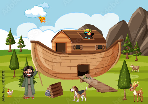 Noah's Ark with wild animals in nature scene