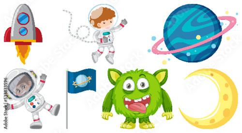 Set of space cartoon characters and objects