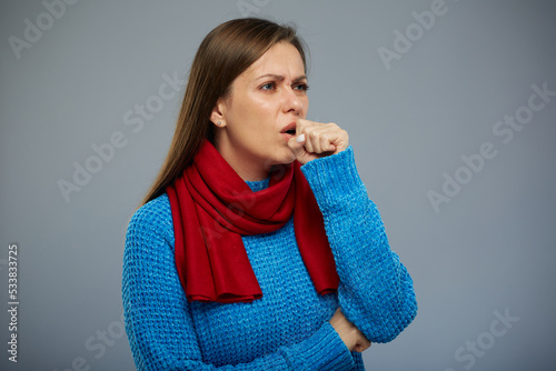 Sick coughing woman with allergy or flu, cold symptoms isolated portrait.